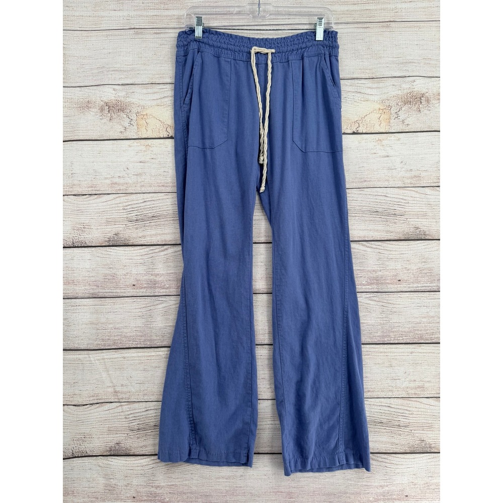 Roxy Oceanside Pants Womens Medium Blue Linen Blend Smocked Waist Wide Leg